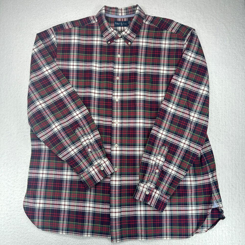 Ralph Lauren Mens XXL Button Down Shirt Red Green Plaid Long Sleeve Pony Pocket - Picture 2 of 9